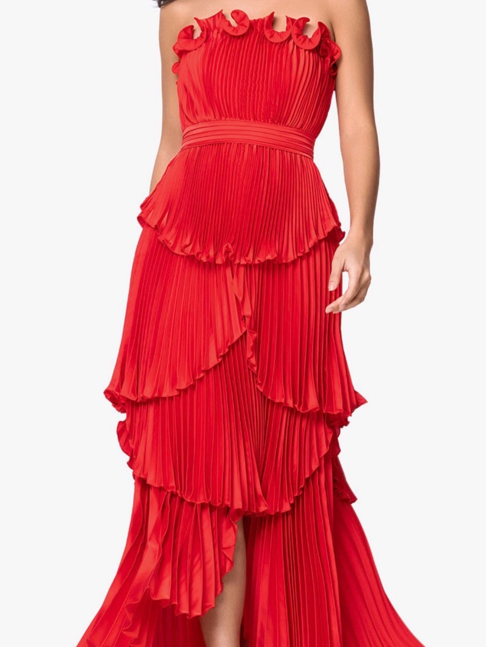 Betsy & Adam Strapless Red High Low Pleated Ruffle Tiered Ball Gown